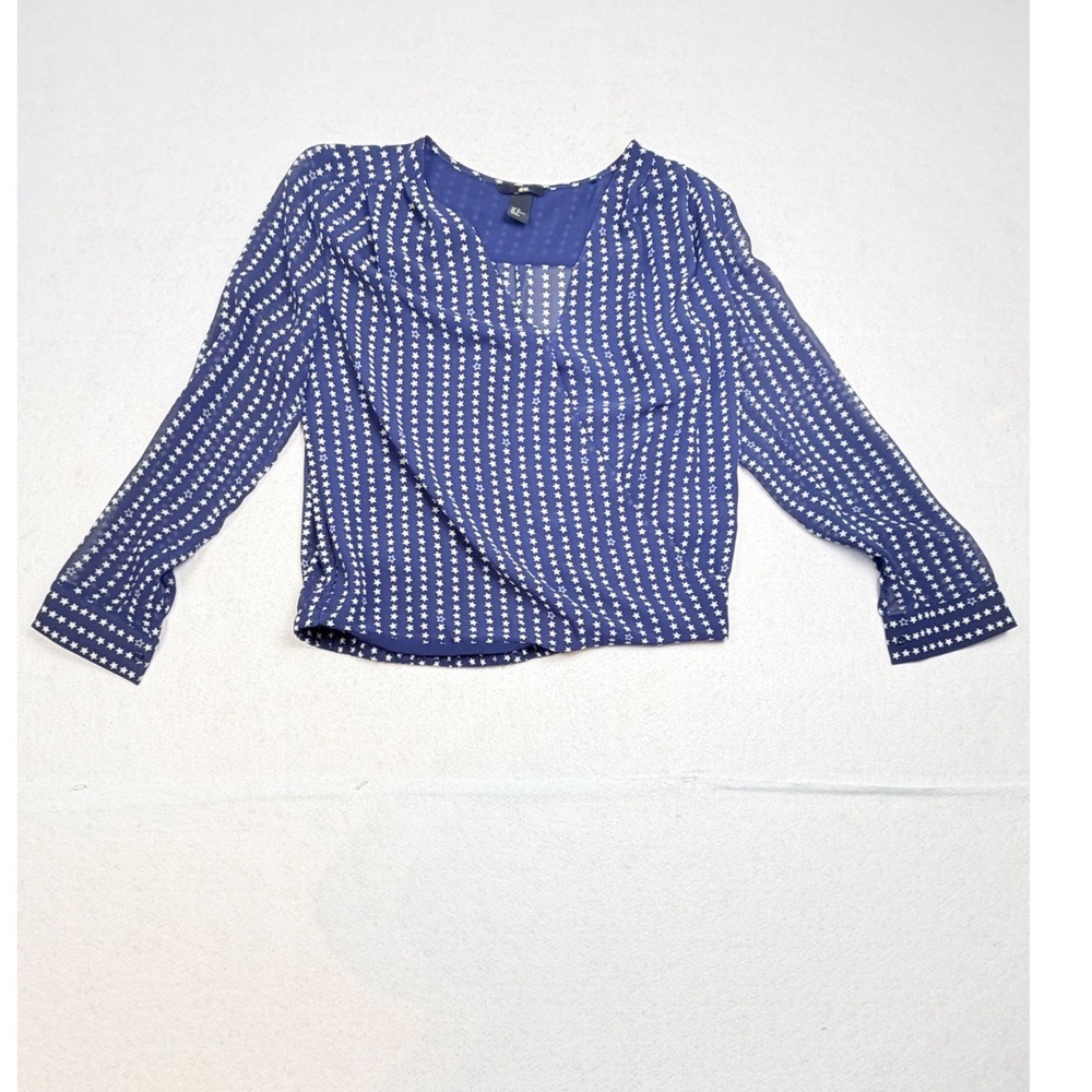 HM Navy Blue Star Print Wrap Blouse Long Sleeve V-Neck Elastic Hem Size 6